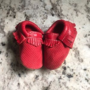 Size 3 Freshly Picked red and gold moccasins